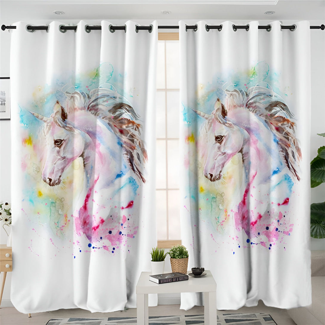 Rideaux blancs avec un motif de tête de licorne aquarelle multicolore. Élégant décor intérieur pour chambre d'enfant ou salon, apportant une touche de fantaisie et de couleur., 45501076701439 | Licorne Shop