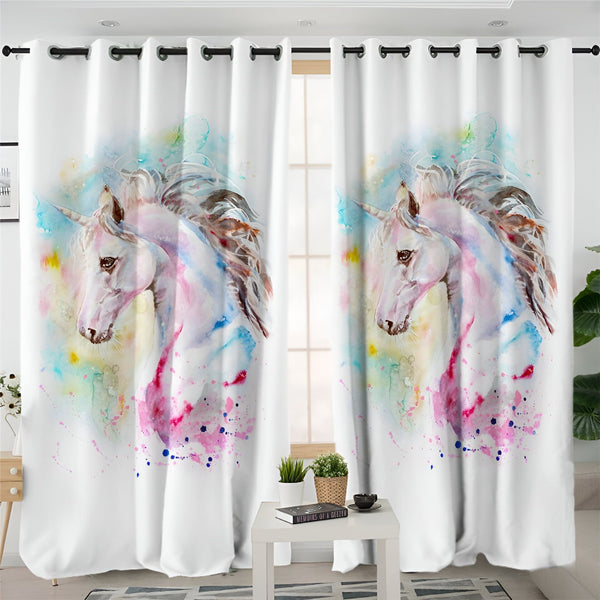 Rideaux blancs avec un motif de tête de licorne aquarelle multicolore. Élégant décor intérieur pour chambre d'enfant ou salon, apportant une touche de fantaisie et de couleur., 45501076701439 | Licorne Shop