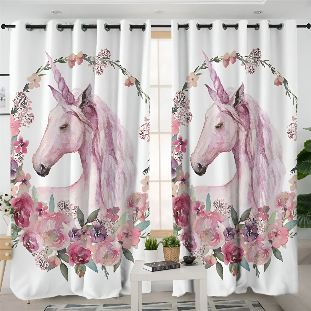 Rideaux blancs avec motif de licorne rose et couronne de fleurs aquarelle. Décoration intérieure féérique et romantique pour chambre d'enfant. Style bohème chic., 45501076963583 | Licorne Shop