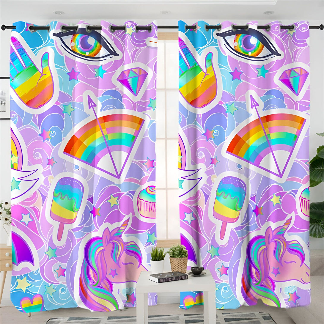 Rideaux décoratifs avec motif licorne, arc-en-ciel, œil psychédélique, étoile et diamant. Ambiance féérique et colorée pour chambre d'enfant ou décor original., 45501036069119 | Licorne Shop