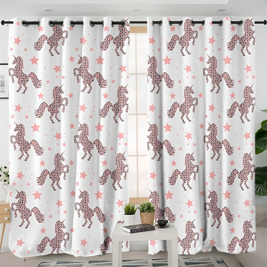 Rideaux blancs à motifs d'étoiles roses et de licornes à imprimé léopard. Décoration intérieure moderne et fantaisiste pour chambre d'enfant ou d'adulte., 45501079224575 | Licorne Shop
