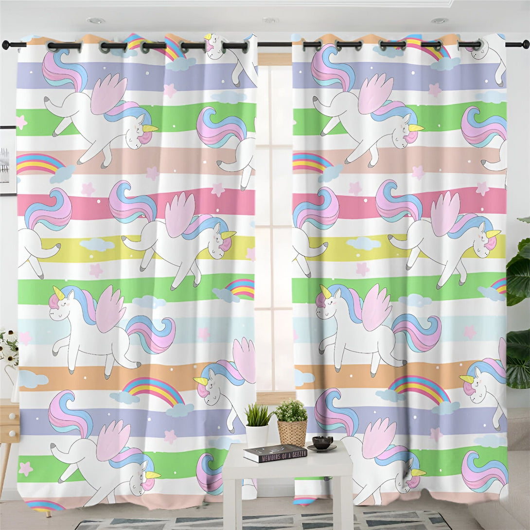Rideaux avec motif de licornes ailées, arcs-en-ciel et rayures colorées. Décoration pour chambre d'enfant., 45501076832511 | Licorne Shop
