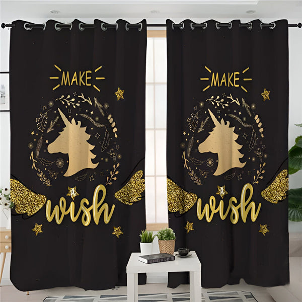 Paire de rideaux noirs avec motif de licorne dorée, inscription "Make a Wish" et motifs floraux. Élégants, ils apportent une touche de magie à la décoration intérieure., 45501076635903 | Licorne Shop