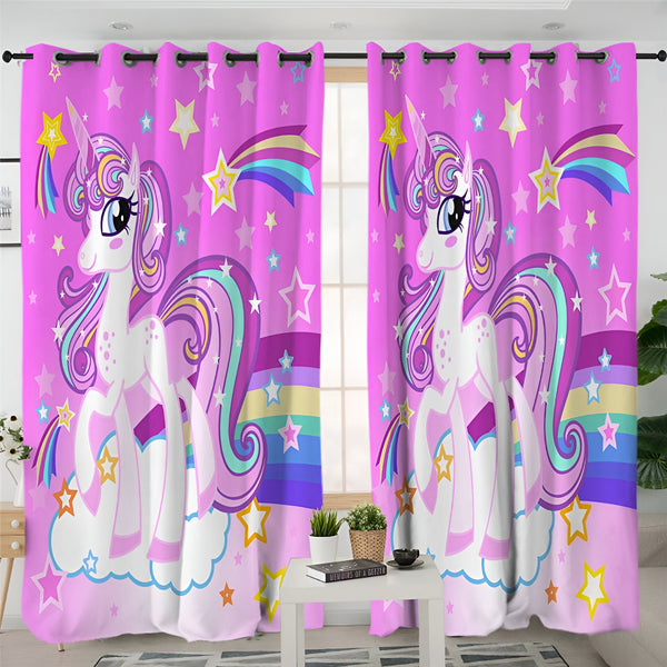 Rideaux roses avec motif de licorne, d'étoiles et d'arc-en-ciel. Décoration intérieure de chambre d'enfant., 45501075849471 | Licorne Shop