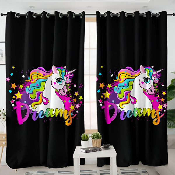 Rideaux noirs avec motifs d'unicorne colorés et le mot "Dreams". Idéal pour décorer une chambre d'enfant avec une touche de magie et de fantaisie., 45501079322879 | Licorne Shop