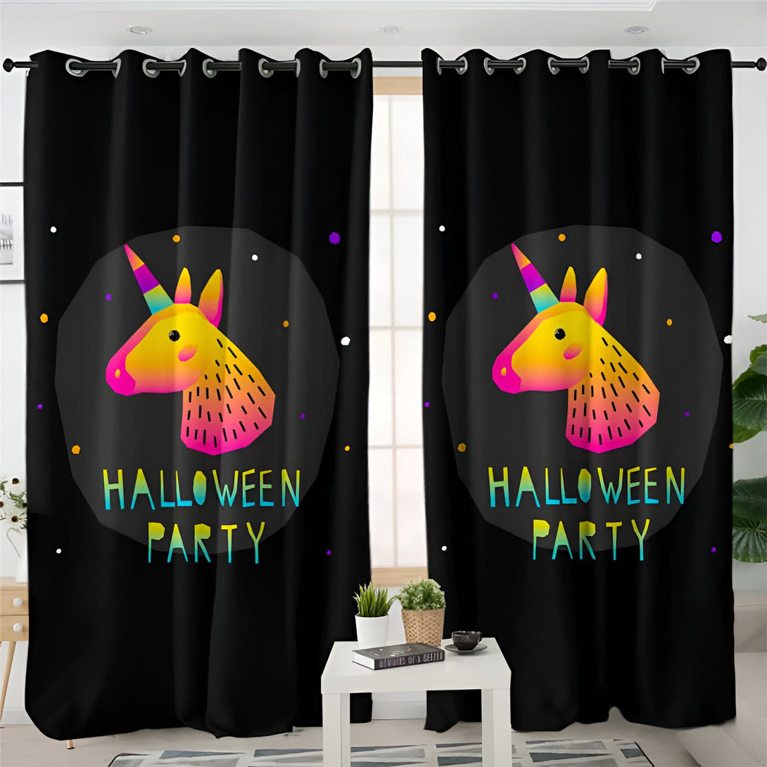 Rideaux occultants noirs avec motifs d'une tête de licorne colorée, style Halloween Party. Idéal pour une ambiance festive dans une chambre., 45501035446527 | Licorne Shop