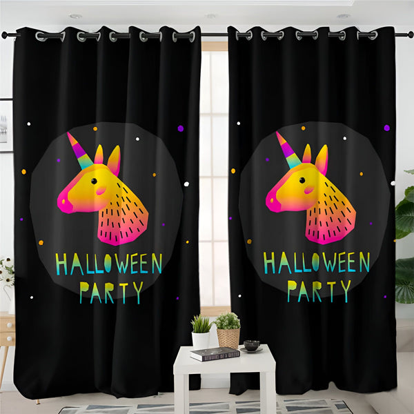 Rideaux occultants noirs avec motifs d'une tête de licorne colorée, style Halloween Party. Idéal pour une ambiance festive dans une chambre., 45501035446527 | Licorne Shop
