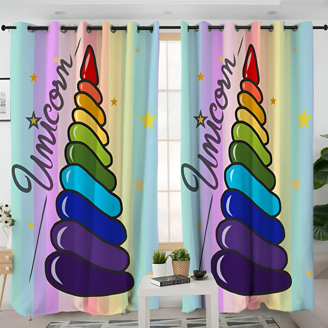 Rideaux arc-en-ciel avec motif de corne d'unicorn multicolore et étoiles jaunes., 45501076111615 | Licorne Shop