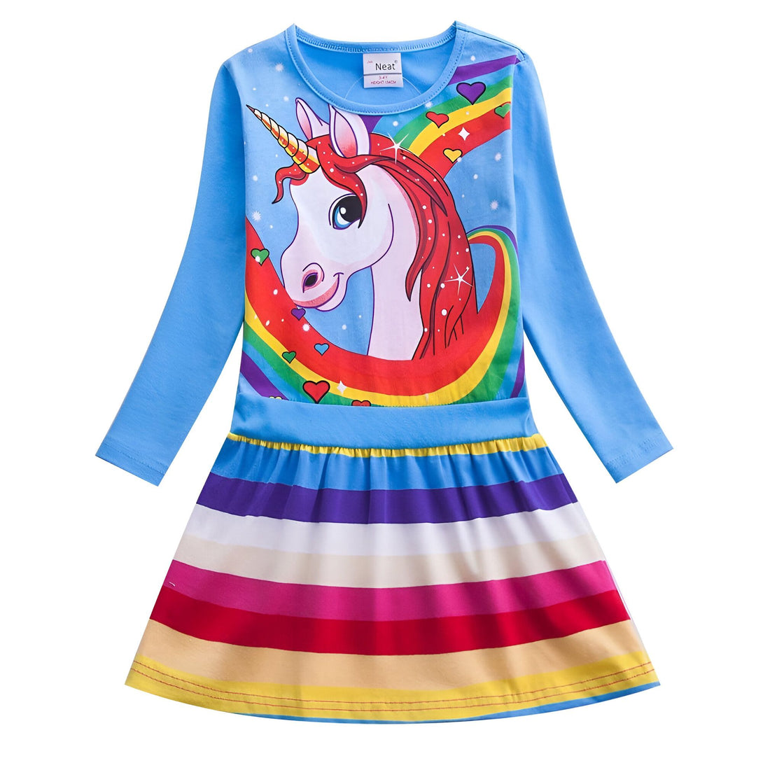 Robe enfant bleu ciel à manches longues avec motif de licorne, arc-en-ciel et cœurs. La jupe est rayée multicolore. Vêtement fantaisie pour filles., 45501381968127,45501382000895,45501382033663,45501382066431,45501382099199,45501382131967,45501382164735,45501382197503 | Licorne Shop