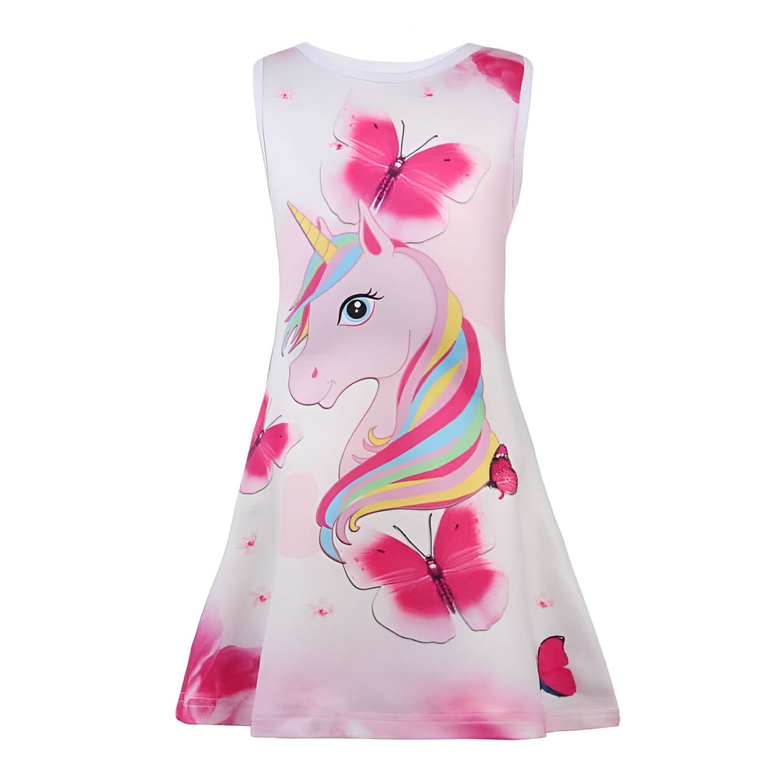 Robe blanche pour fille avec motif licorne rose et papillons roses. Vêtement d'été sans manches pour enfant., 45501345759487,45501345792255,45501345825023,45501345857791,45501345890559,45501345923327,45501345956095,45501345988863 | Licorne Shop