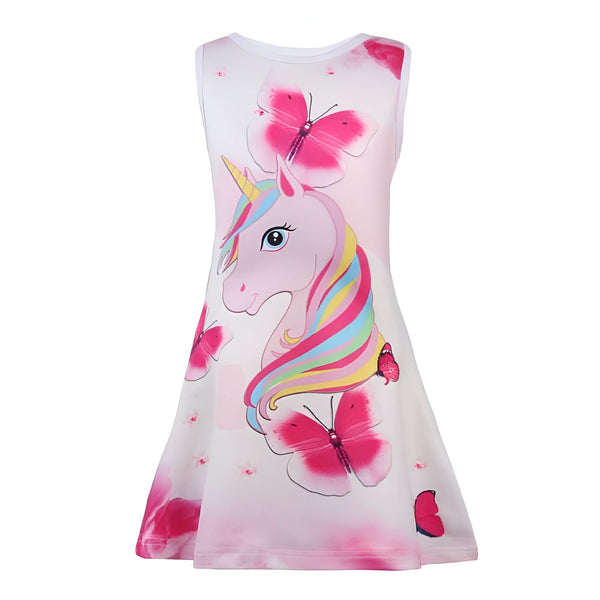 Robe blanche pour fille avec motif licorne rose et papillons roses. Vêtement d'été sans manches pour enfant., 45501345759487,45501345792255,45501345825023,45501345857791,45501345890559,45501345923327,45501345956095,45501345988863 | Licorne Shop