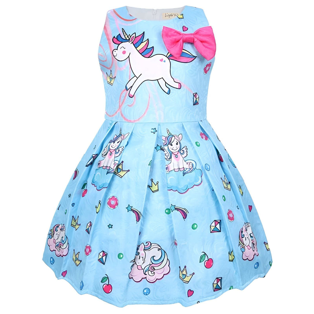 Robe bleue pour fille avec motifs licornes, couronnes, et nœud rose. Idéal pour les petites filles qui aiment les contes de fées et les créatures magiques. Style mignon et enfantin., 45501349167359,45501349200127,45501349232895,45501349265663,45501349298431,45501349331199,45501349363967,45501349396735 | Licorne Shop