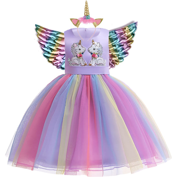 Robe de licorne pour enfant avec ailes et serre-tête. Costume violet avec broderie de licorne et jupe multicolore. Accessoire de tête avec corne dorée. Déguisement fantaisie pour filles., 45501385736447,45501385769215,45501385801983,45501385834751,45501385867519,45501385900287,45501385933055,45501385965823 | Licorne Shop