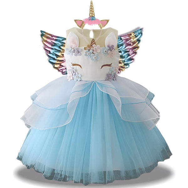 Costume de licorne pour fille, robe bleue en tulle avec des ailes colorées et un serre-tête à corne dorée. Déguisement fantaisie pour enfant., 45501344874751,45501344907519,45501344940287,45501344973055,45501345005823,45501345038591,45501345071359,45501345136895 | Licorne Shop