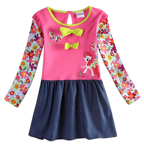 Robe pour enfant avec manches longues à motif floral, buste rose avec des nœuds et un poney, et une jupe bleue., 45501418438911,45501418471679,45501418504447,45501418537215,45501418569983,45501418602751,45501418635519,45501418668287 | Licorne Shop