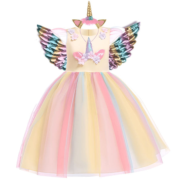 Costume de licorne pour enfant avec robe à tutu arc-en-ciel, ailes multicolores et serre-tête avec corne dorée. Parfait pour les fêtes, les anniversaires ou les déguisements. Disponible en différentes tailles., 45501353984255,45501354017023,45501354049791,45501354082559,45501354115327,45501354148095,45501354180863,45501354213631 | Licorne Shop