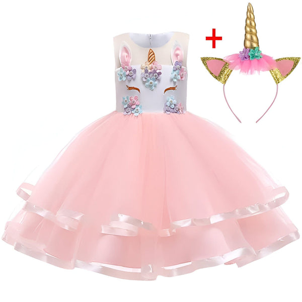 Robe de princesse rose avec motif de licorne et serre-tête doré assorti. Costume pour enfant sur le thème de la fantaisie et des contes de fées. Idée de déguisement pour carnaval ou anniversaire. Vêtement festif pour petite fille., 45501331800319,45501331833087,45501331865855,45501331898623,45501331931391,45501331964159,45501331996927,45501332029695 | Licorne Shop