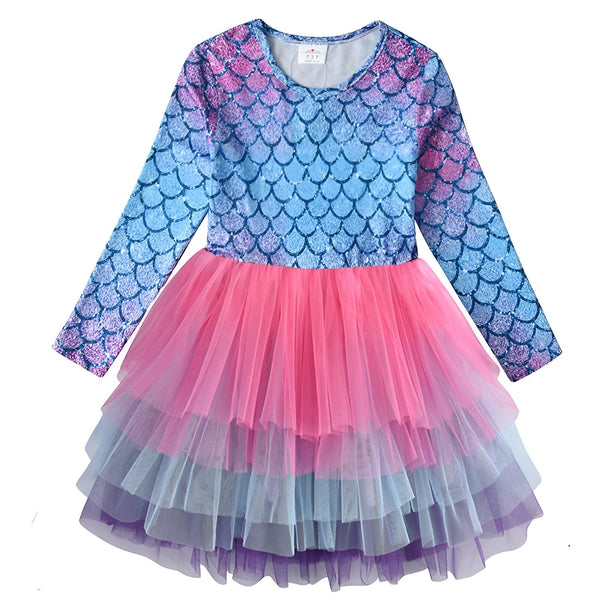 Robe de fille à manches longues motif écailles de sirène, jupe tutu rose, bleu et violet. Costume fantaisie pour enfant., 45501418701055,45501418733823,45501418766591,45501418799359,45501418832127,45501418864895,45501418897663,45501418930431 | Licorne Shop