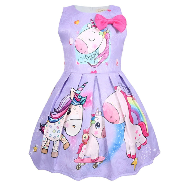 Robe lilas pour fille avec motifs de licornes et nœud rose. Vêtement enfant idéal pour les fans de contes de fées et d'animaux fantastiques., 45501412573439,45501412606207,45501412638975,45501412671743,45501412704511,45501412737279,45501412770047,45501412802815 | Licorne Shop