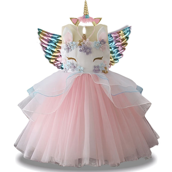 Costume de licorne pour enfant, avec des ailes arc-en-ciel et un tutu rose. Le haut est décoré de fleurs et d'une corne. Il y a également un serre-tête avec une petite corne. Parfait pour le carnaval ou une fête d'anniversaire., 45501416472831,45501416505599,45501416538367,45501416571135,45501416603903,45501416636671,45501416669439,45501416702207 | Licorne Shop