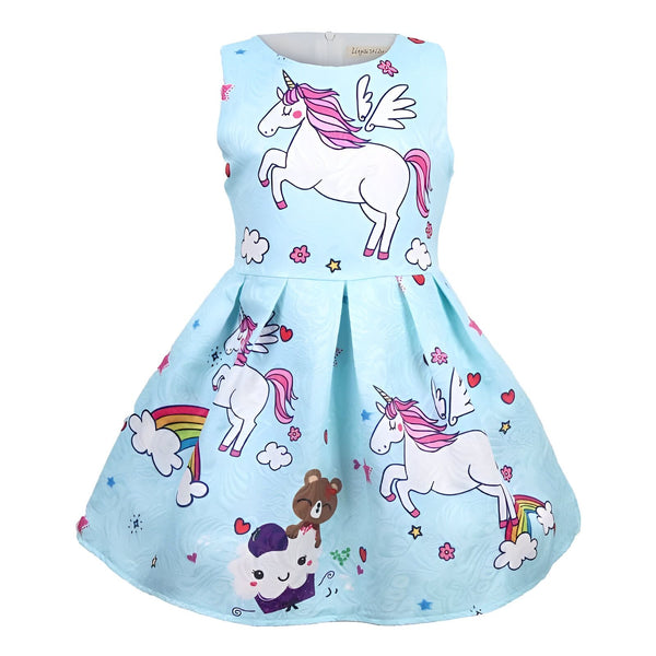 Robe d'enfant bleu clair à motifs d'licornes, d'oursons, de nuages et d'arc-en-ciel. Robe sans manches avec une jupe évasée, parfaite pour une petite fille., 45501352870143,45501352902911,45501352935679,45501352968447,45501353001215,45501353033983,45501353066751,45501353099519 | Licorne Shop