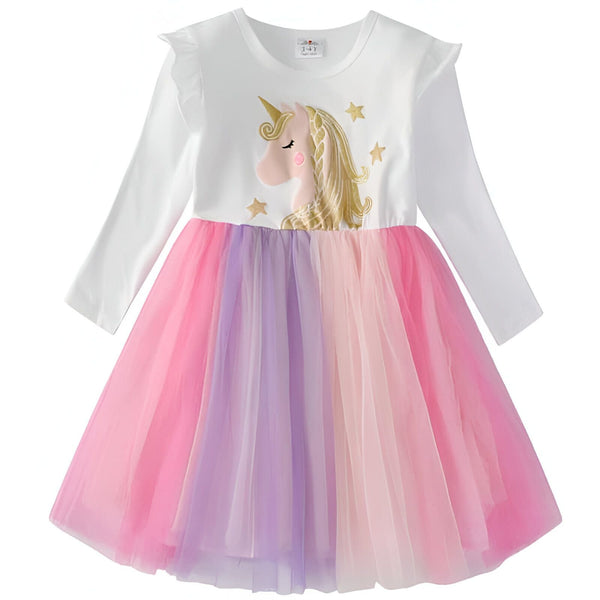 Robe de fille blanche à manches longues avec un motif de licorne dorée et une jupe en tulle arc-en-ciel rose, violet et pêche. Idéale pour les fêtes ou les jeux d'imagination., 45501386719487,45501386752255,45501386817791,45501386850559,45501386883327,45501386916095,45501386948863,45501386981631 | Licorne Shop
