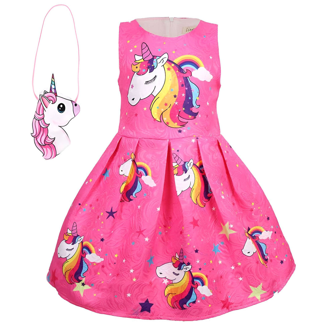 Robe rose pour fille avec motif licorne et étoiles, accompagnée d'un petit sac assorti en forme de licorne. Vêtement pour enfant fantaisie et coloré., 45501386227967,45501386260735,45501386293503,45501386326271,45501386359039,45501386391807,45501386424575,45501386457343 | Licorne Shop