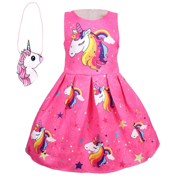 Robe rose pour fille avec motif licorne et étoiles, accompagnée d'un petit sac assorti en forme de licorne. Vêtement pour enfant fantaisie et coloré., 45501386227967,45501386260735,45501386293503,45501386326271,45501386359039,45501386391807,45501386424575,45501386457343 | Licorne Shop