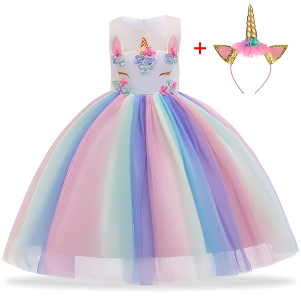 Robe de princesse licorne pour enfant avec tutu arc-en-ciel et bandeau assorti. Costume fantaisie pour fête d'anniversaire ou carnaval. Déguisement féérique., 45502409015551,45502409048319,45502409081087,45502409113855,45502409146623,45502409179391,45502409212159,45502409244927 | Licorne Shop