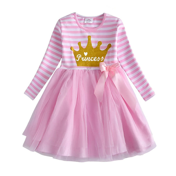 Robe de princesse rose et blanche à rayures pour filles. La robe a une couronne dorée et un nœud rose., 45501342712063,45501342744831,45501342777599,45501342810367,45501342843135,45501342875903,45501342908671,45501342941439 | Licorne Shop
