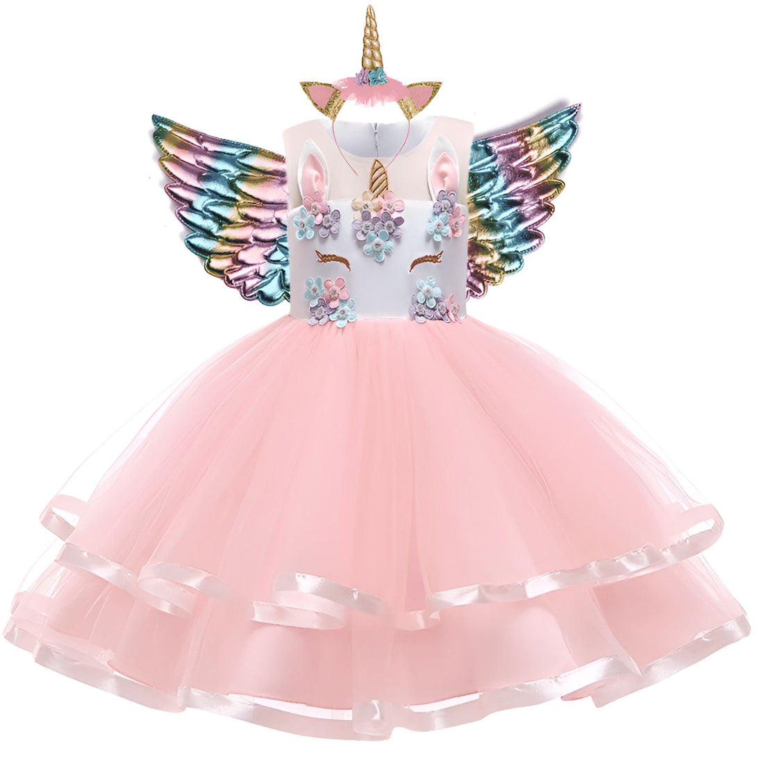 Robe rose de fantaisie pour enfant, thème licorne avec ailes irisées et serre-tête orné d'une corne. Déguisement de princesse, fête d'anniversaire, costume féérique., 45501382426879,45501382459647,45501382492415,45501382525183,45501382557951,45501382590719,45501382623487,45501382656255 | Licorne Shop