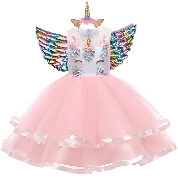 Robe rose de fantaisie pour enfant, thème licorne avec ailes irisées et serre-tête orné d'une corne. Déguisement de princesse, fête d'anniversaire, costume féérique., 45501382426879,45501382459647,45501382492415,45501382525183,45501382557951,45501382590719,45501382623487,45501382656255 | Licorne Shop