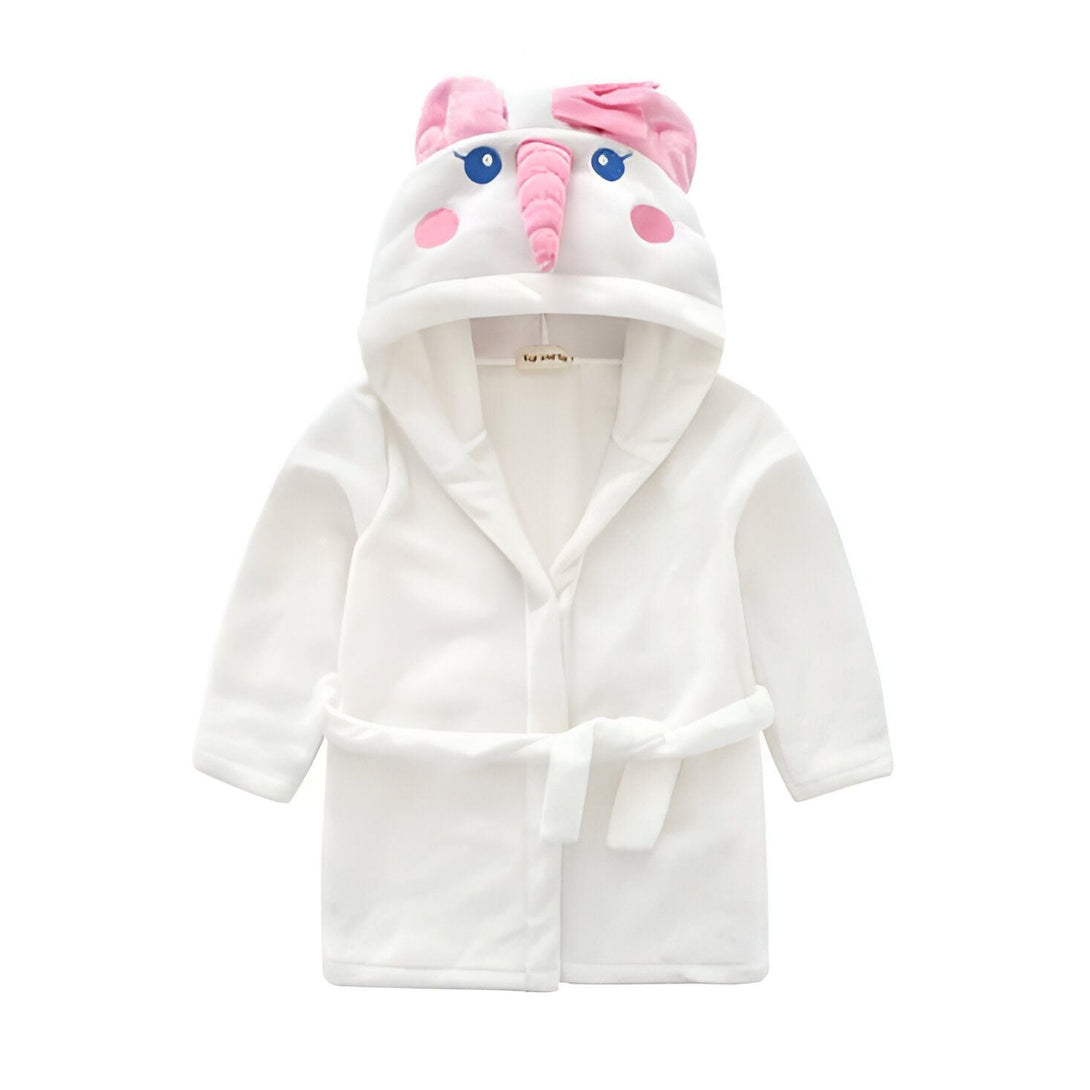 Peignoir blanc pour enfant avec capuche ornée d'un motif de licorne. Idéal pour les sorties de bain., 45502344265983,45502344298751,45502344331519,45502344364287,45502344397055,45502344429823,45502344462591,45502344495359 | Licorne Shop
