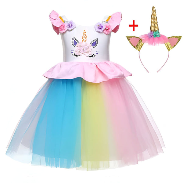Robe licorne multicolore avec tutu, motif licorne sur le corsage, et serre-tête assorti. Costume pour enfants, idéal pour fêtes et déguisements., 45501329309951,45501329342719,45501329375487,45501329408255,45501329441023,45501329473791,45501329506559,45501329539327 | Licorne Shop
