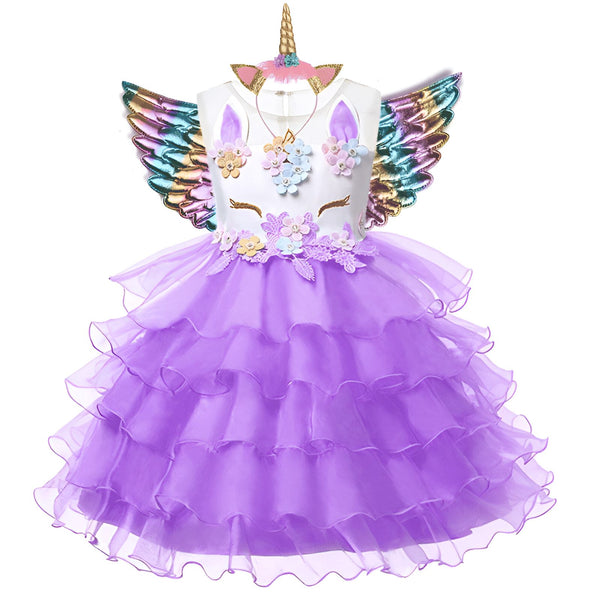 Robe de déguisement licorne violette pour enfants, avec ailes arc-en-ciel et bandeau à corne dorée. Parfait pour les fêtes d'anniversaire, Halloween ou le carnaval. Costume de princesse féerique., 45501381607679,45501381640447,45501381673215,45501381705983,45501381738751,45501381771519,45501381804287,45501381837055 | Licorne Shop