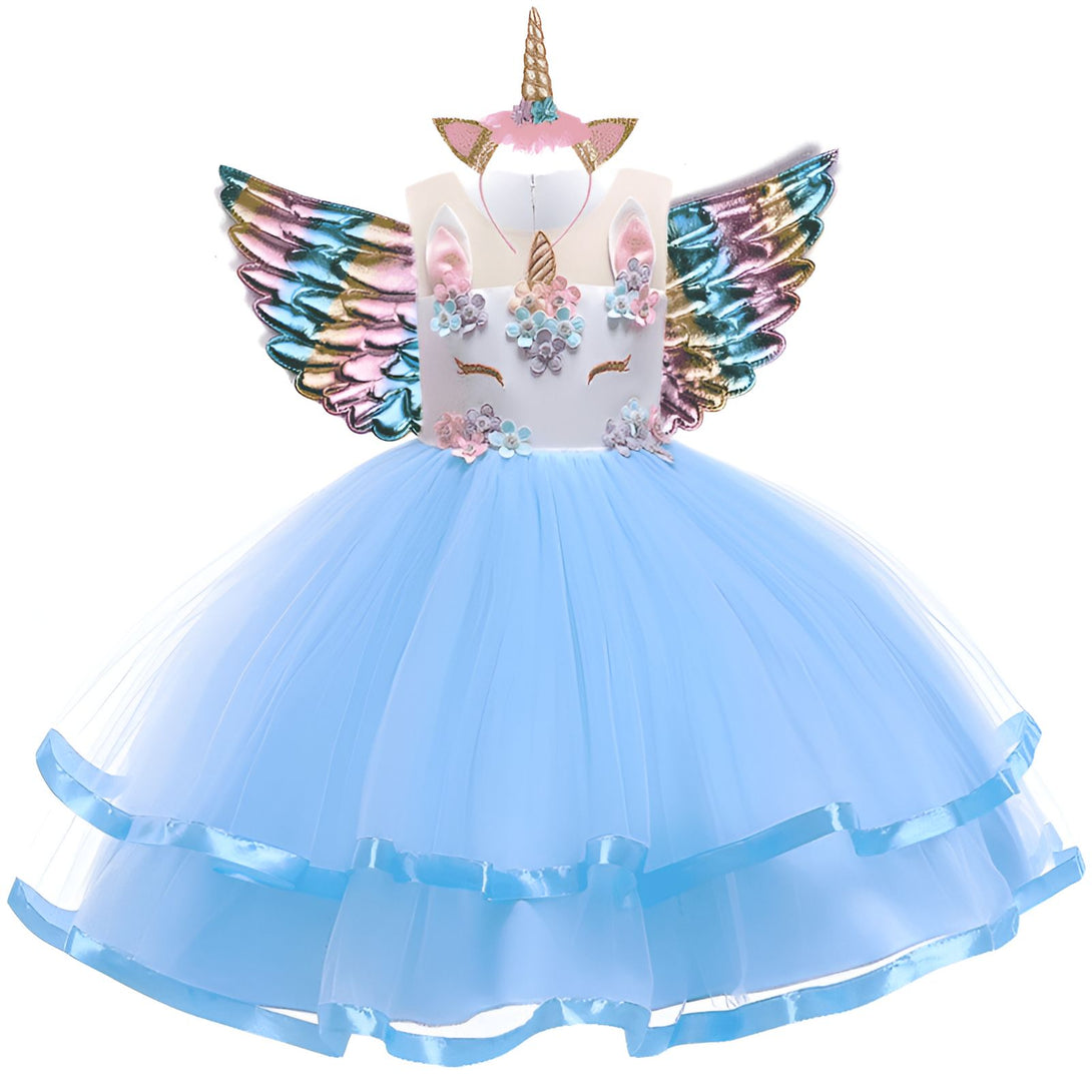 Robe de princesse licorne bleue avec des ailes irisées, un diadème et un corsage orné de fleurs. Parfait pour un anniversaire, Halloween ou un mariage. Costume féerique pour enfant. Déguisement licorne magique et élégant., 45501348675839,45501348708607,45501348741375,45501348774143,45501348806911,45501348839679,45501348872447,45501348905215 | Licorne Shop