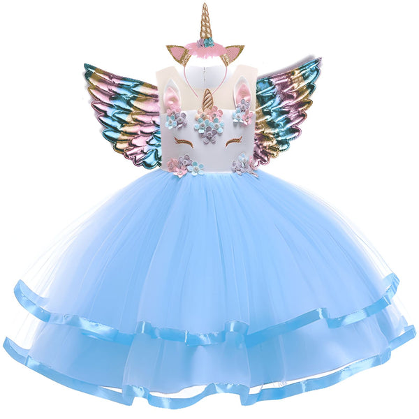 Robe de princesse licorne bleue avec des ailes irisées, un diadème et un corsage orné de fleurs. Parfait pour un anniversaire, Halloween ou un mariage. Costume féerique pour enfant. Déguisement licorne magique et élégant., 45501348675839,45501348708607,45501348741375,45501348774143,45501348806911,45501348839679,45501348872447,45501348905215 | Licorne Shop