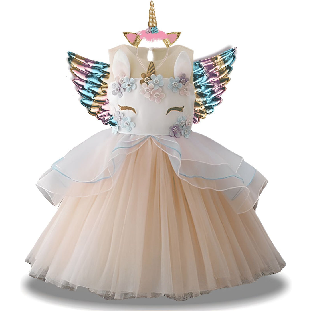 Robe de déguisement licorne pour enfant avec ailes multicolores et serre-tête à corne dorée, idéale pour fêtes et événements., 45501414572287,45501414605055,45501414637823,45501414670591,45501414703359,45501414736127,45501414768895,45501414801663 | Licorne Shop