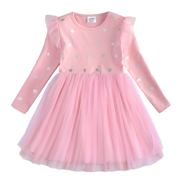 Robe rose pour enfant avec manches longues, étoiles argentées et jupe en tulle. Parfaite pour une fête ou une occasion spéciale. Style princesse mignon et confortable., 45501416800511,45501416833279,45501416866047,45501416898815,45501416931583,45501416964351,45501416997119,45501417029887 | Licorne Shop