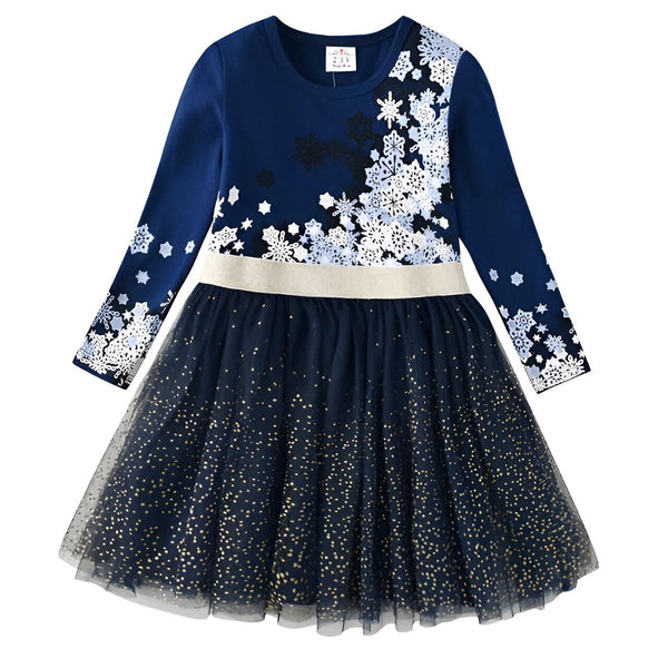 Robe de fille bleu marine à manches longues avec motif de flocons de neige blancs et noirs, et jupe en tulle bleu marine à pois dorés., 45501344383231,45501344448767,45501344481535,45501344514303,45501344547071,45501344579839,45501344612607,45501344645375 | Licorne Shop