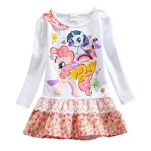Robe blanche à manches longues pour enfant avec imprimé My Little Pony et jupe à motifs floraux. Parfait pour les fans des petits poneys., 45501350117631,45501350150399,45501350183167,45501350215935,45501350281471,45501350314239,45501350347007,45501350379775 | Licorne Shop