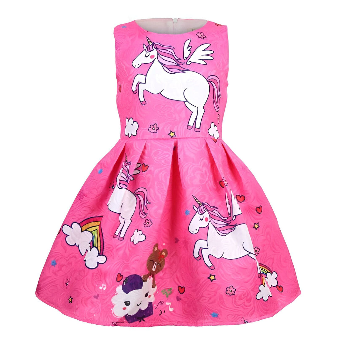 Robe rose pour fille avec motifs d'unicorns et de nuages. Vêtement enfant avec imprimés mignons et colorés. Idée cadeau pour les petites filles., 45501355884799,45501355917567,45501355950335,45501355983103,45501356015871,45501356048639,45501356081407,45501356114175 | Licorne Shop