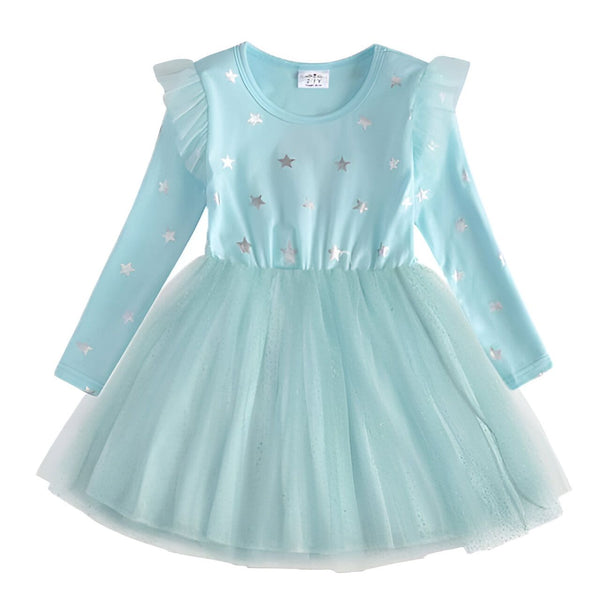Robe de fillette bleu clair à manches longues, ornée d'étoiles argentées. Jupe en tulle bouffante et détails à volants., 45501378822399,45501378855167,45501378887935,45501378920703,45501378953471,45501378986239,45501379019007,45501379051775 | Licorne Shop