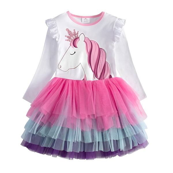 Robe pour enfant avec motif licorne et tutu coloré. Vêtement fantaisie fille à manches longues avec couronne scintillante. Idée cadeau anniversaire pour petite princesse. Mode enfantine féérique et amusante., 45501413228799,45501413261567,45501413294335,45501413327103,45501413359871,45501413392639,45501413425407,45501413458175 | Licorne Shop
