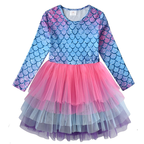 Robe de sirène pour fille avec manches longues et jupe en tulle rose, bleu et violet à plusieurs niveaux. Déguisement enfant., 45501346251007,45501346283775,45501346316543,45501346349311,45501346382079,45501346414847,45501346447615,45501346480383 | Licorne Shop