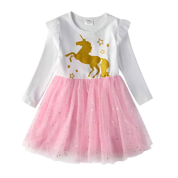 Robe de fille avec motif licorne dorée et jupe rose à paillettes. Manches longues blanches. Vêtement pour enfant, style féérique., 45501384261887,45501384294655,45501384327423,45501384360191,45501384392959,45501384425727,45501384458495,45501384491263 | Licorne Shop