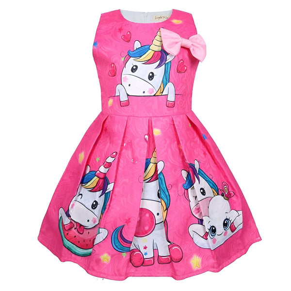 Robe rose pour enfant avec motifs de licornes et noeud décoratif. Design fantaisie pour petites filles., 45501379903743,45501379936511,45501379969279,45501380002047,45501380034815,45501380067583,45501380100351,45501380133119 | Licorne Shop