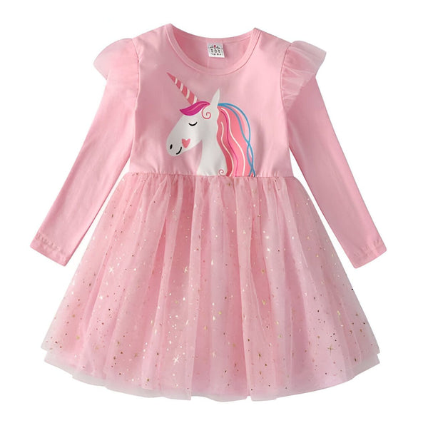 Robe rose à manches longues pour enfant avec motif licorne et jupe en tulle à paillettes dorées., 45501346742527,45501346775295,45501346808063,45501346840831,45501346873599,45501346906367,45501346939135,45501346971903 | Licorne Shop