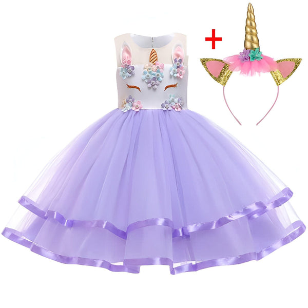Robe de princesse licorne violette pour enfant avec corsage décoré de fleurs et serre-tête assorti avec corne dorée et oreilles pailletées. Tenue de fête féérique., 45502409638143,45502409670911,45502409703679,45502409736447,45502409769215,45502409801983,45502409834751,45502409867519 | Licorne Shop