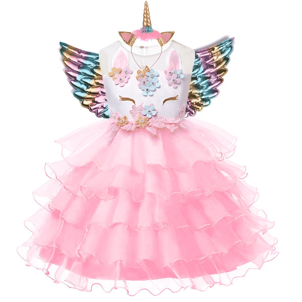 Robe de princesse rose avec des volants, ornée de fleurs et d'ailes d'arc-en-ciel. Un serre-tête licorne assorti complète ce déguisement féérique., 45501383082239,45501383115007,45501383147775,45501383180543,45501383213311,45501383246079,45501383278847,45501383311615 | Licorne Shop